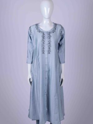 Women's Grey solid button-down kurta top with floral stone work