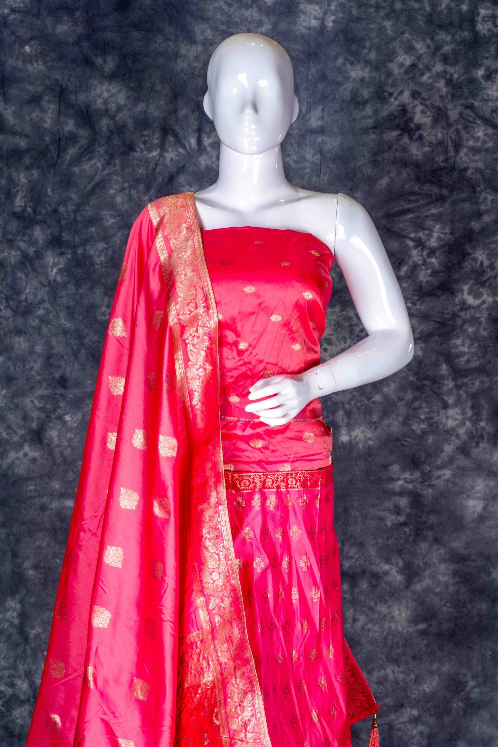 Semi-stitched Pink lehenga set with gold zari and stone work