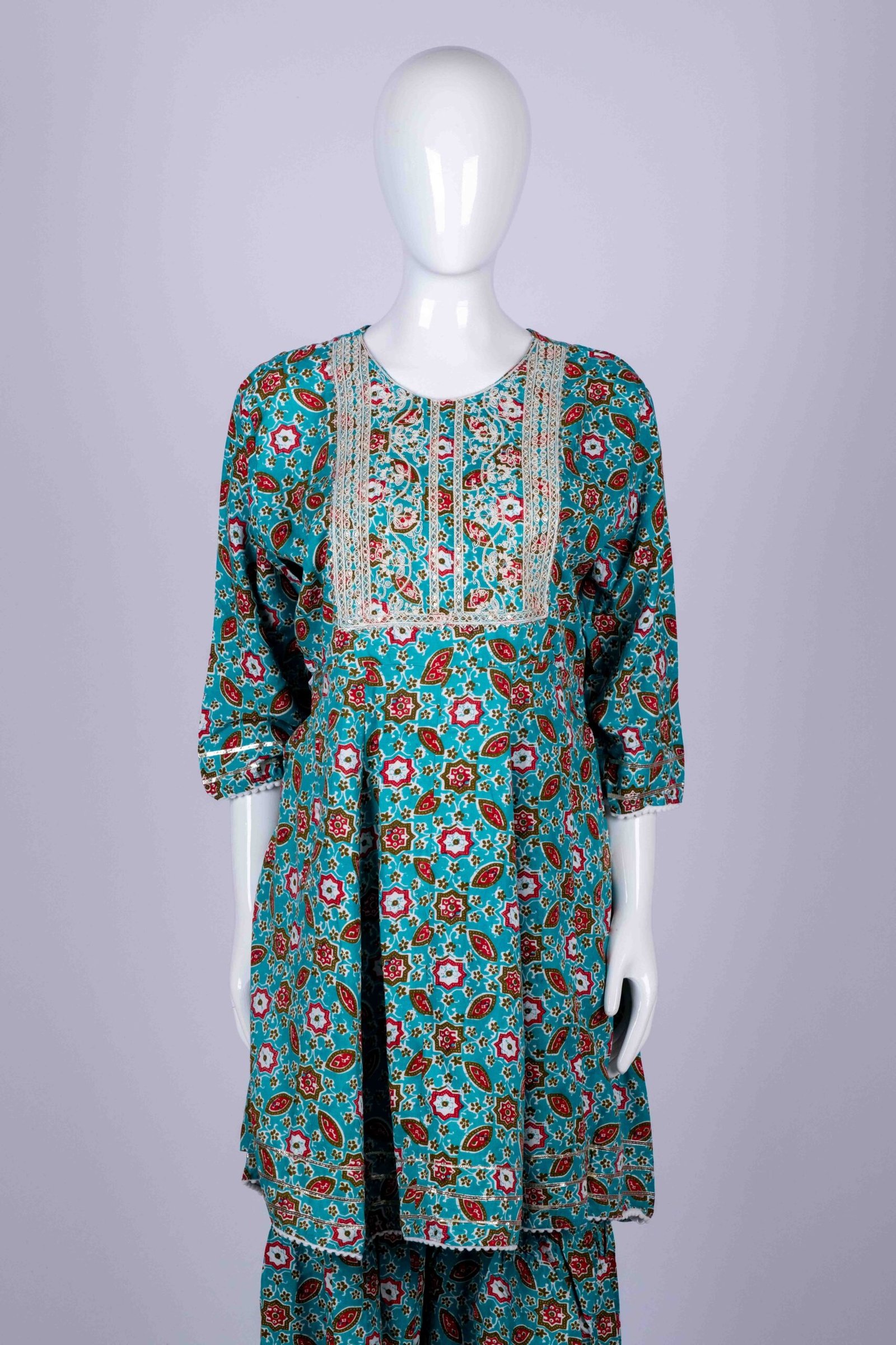 Women's Cyan Blue floral printed kurta sharara set with chamki embroidery