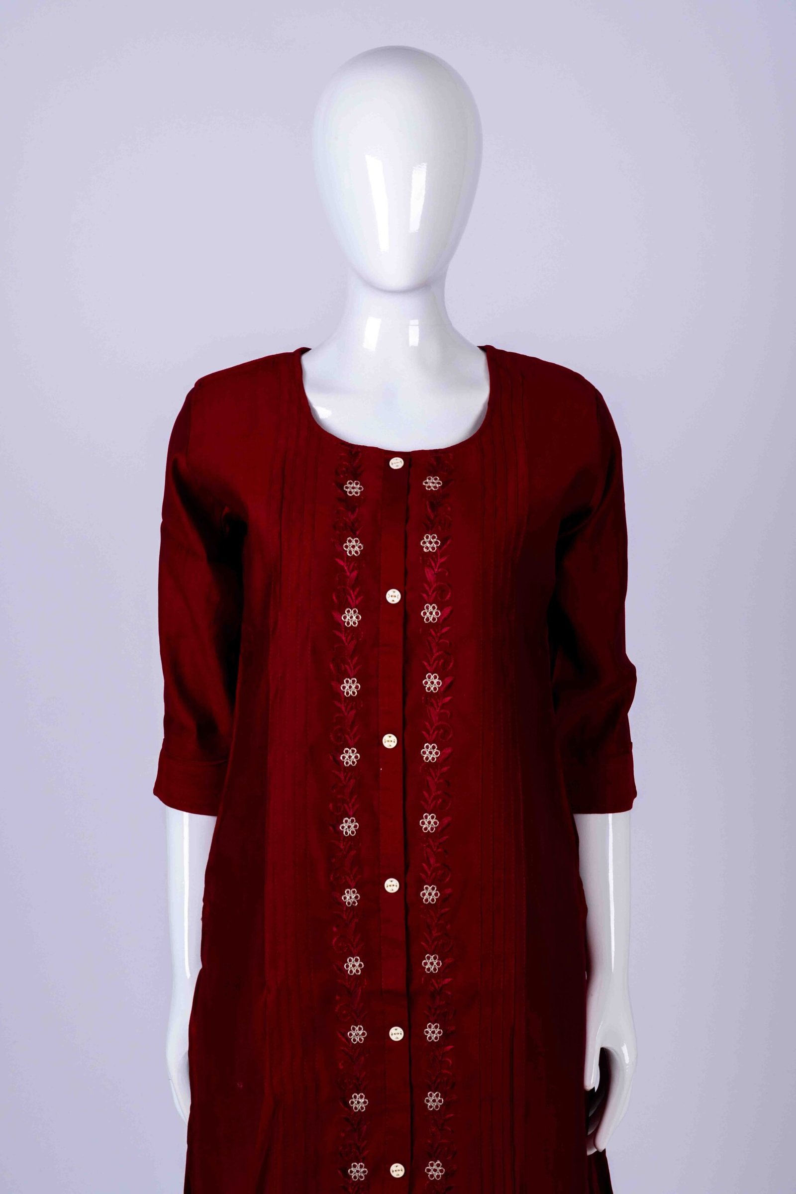 Women's Red solid button-down kurta top with floral embroidery