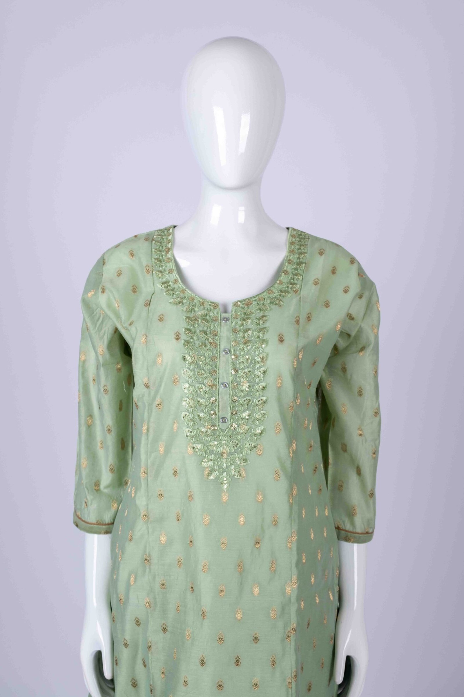 Women's Pista Green ethnic printed kurta top with chamki embroidery