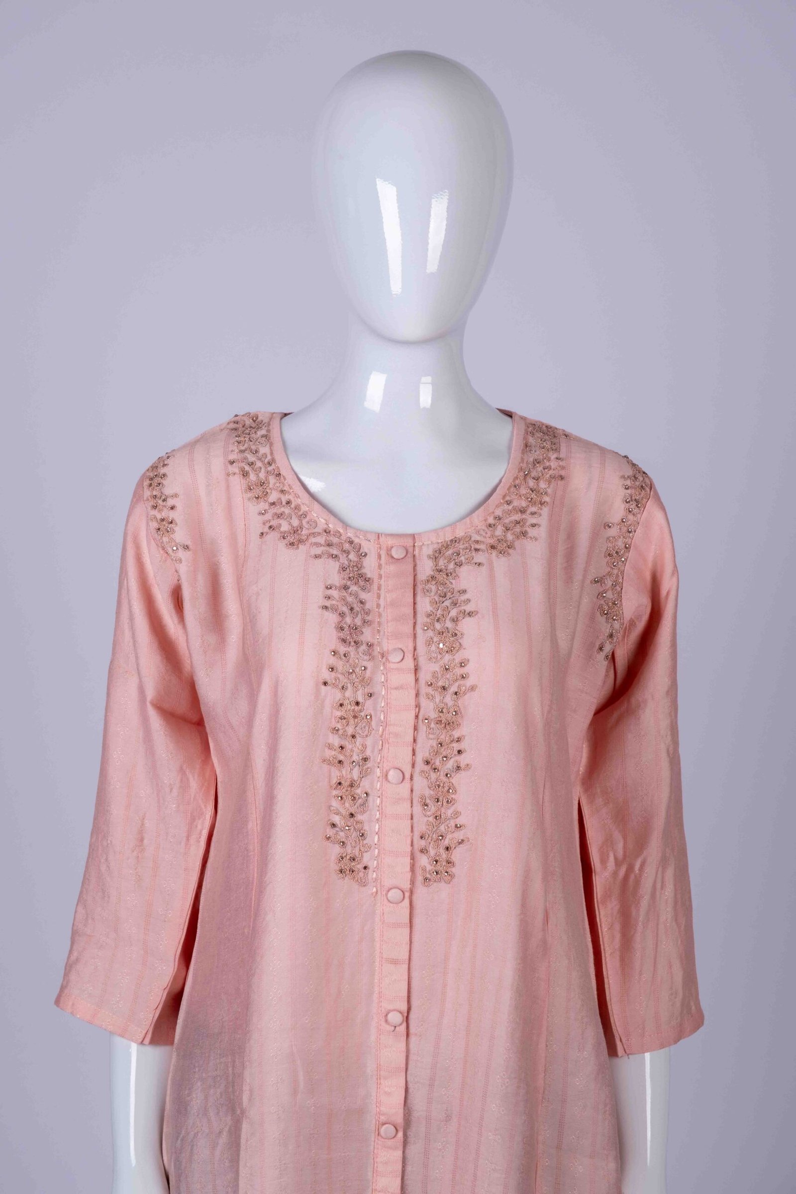 Women's Peach solid button-down kurta top with floral stone work