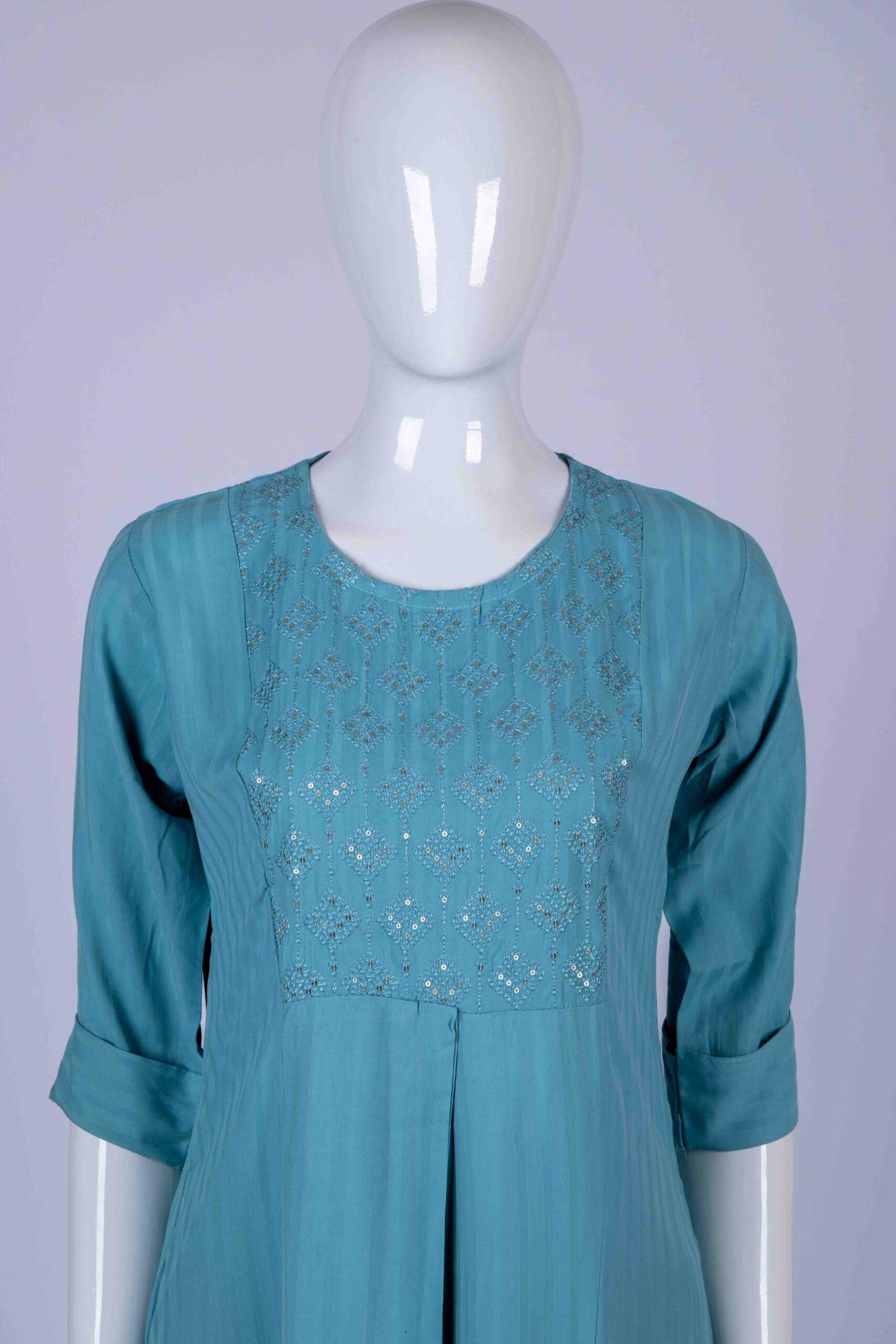 Women's Blue solid kurta top with chamki embroidery