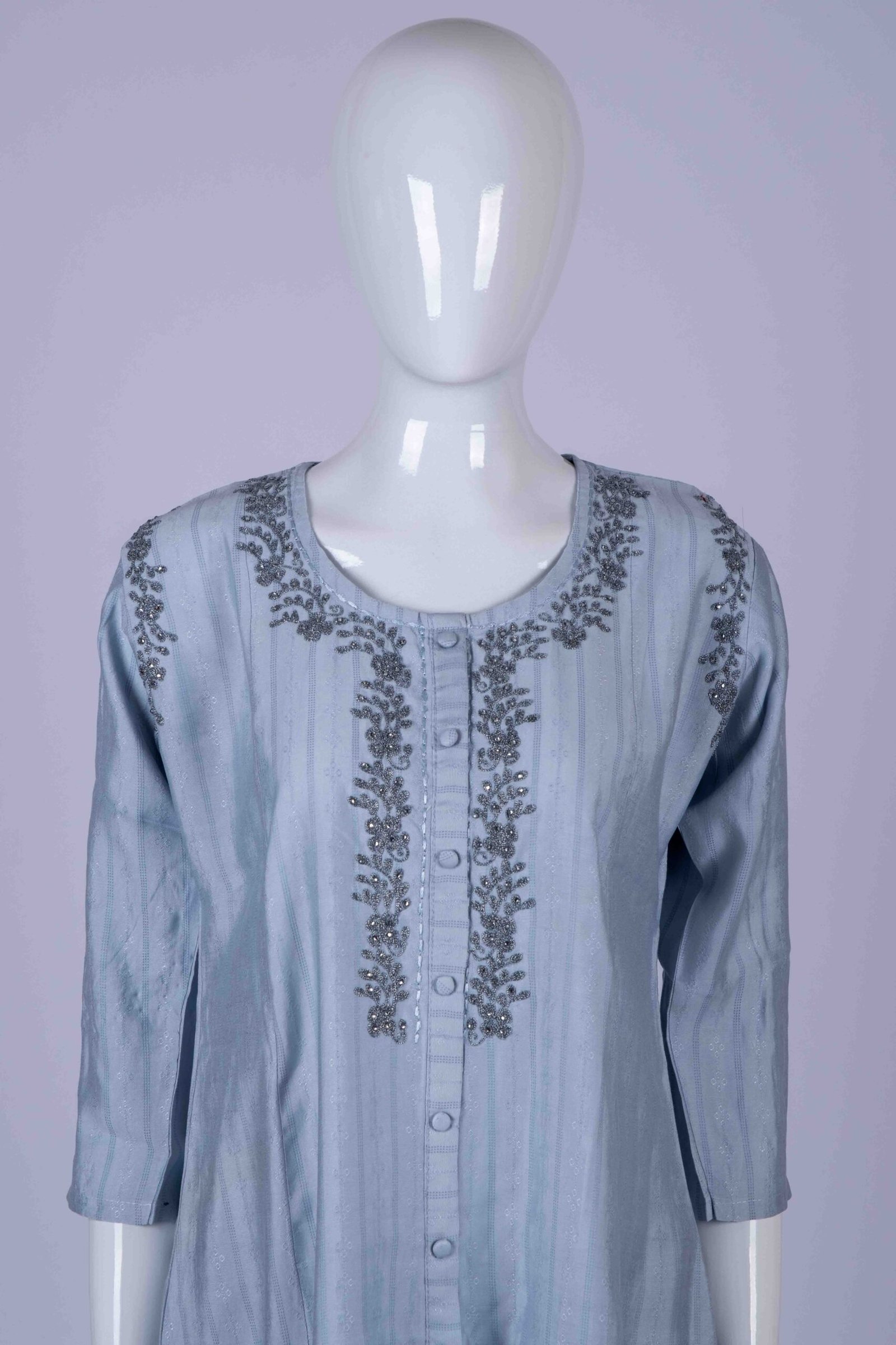 Women's Grey solid button-down kurta top with floral stone work