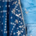 Semi-stitched teal blue lehenga set with silver zari and bead work