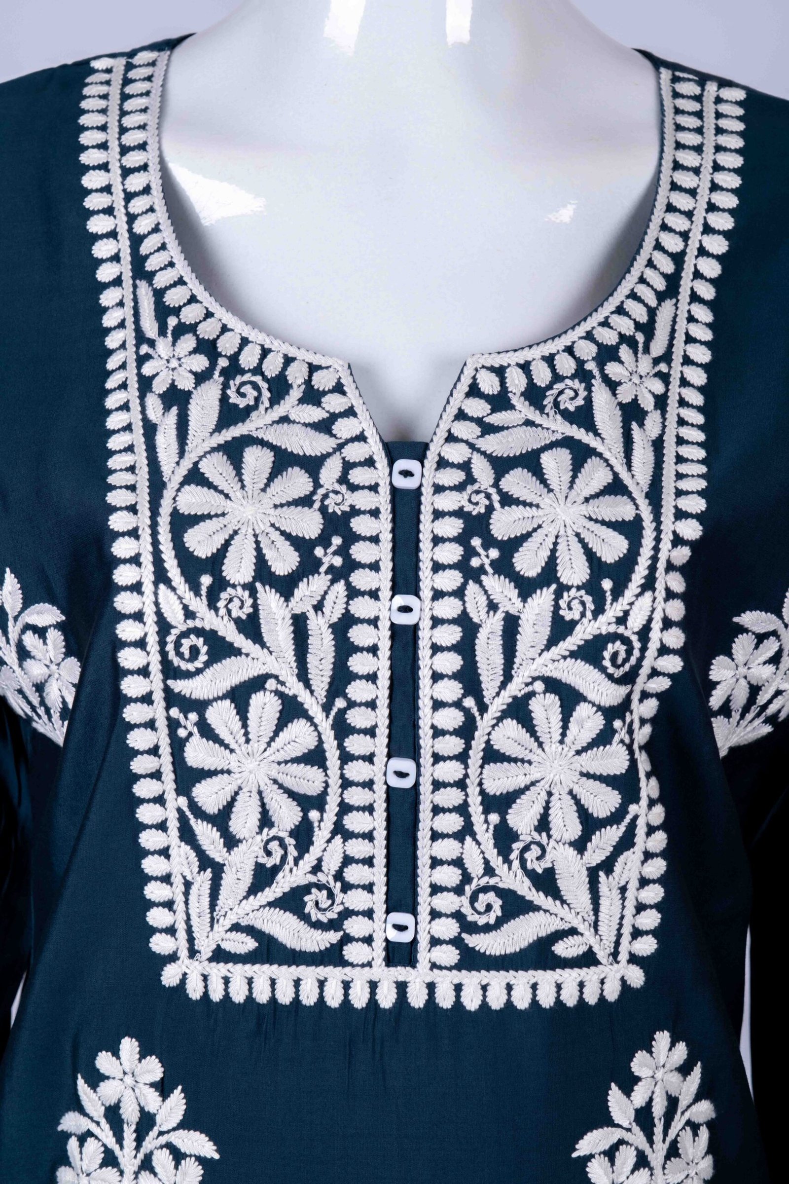 Women's Blue solid kurta top with white floral embroidery