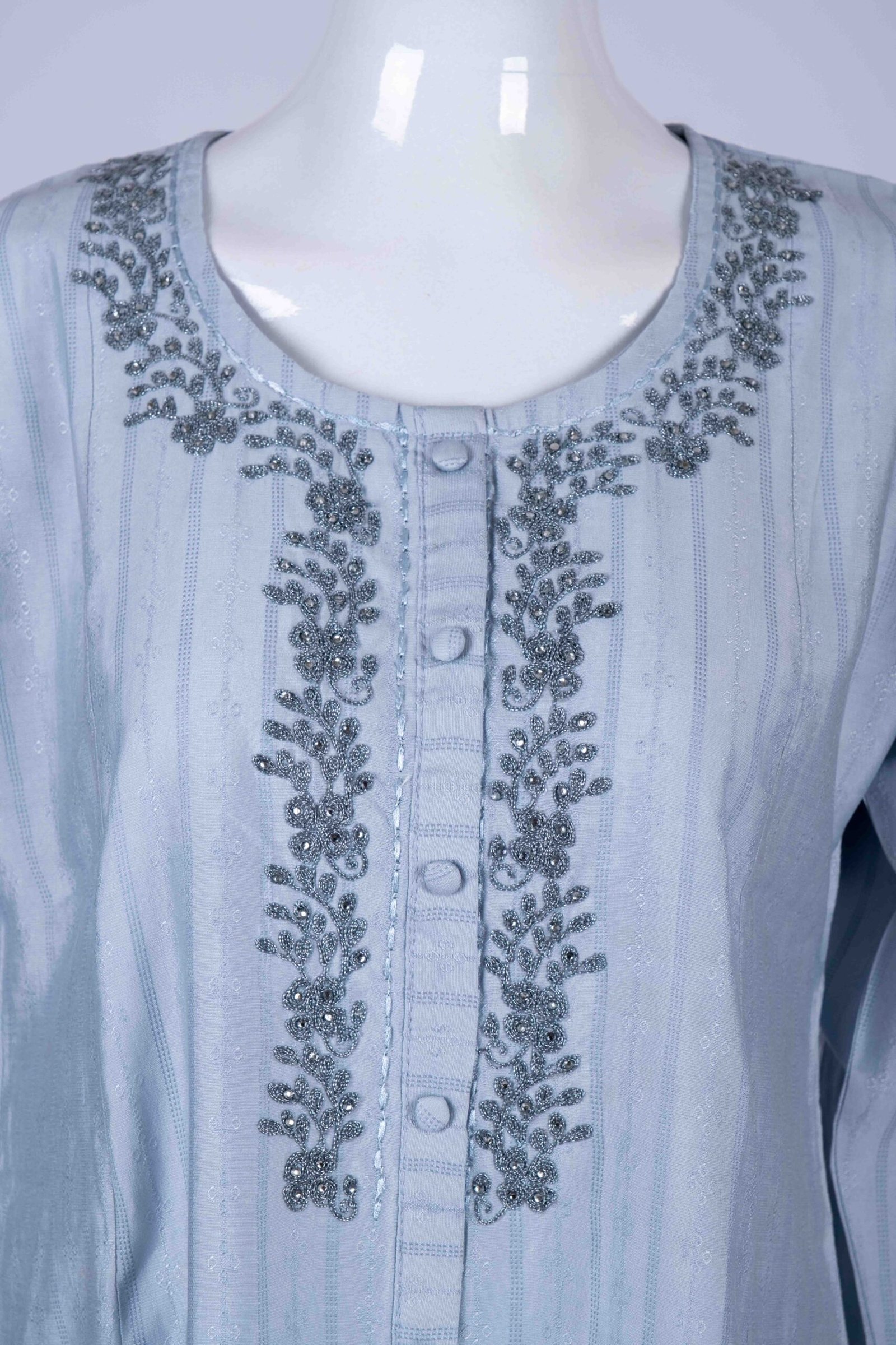 Women's Grey solid button-down kurta top with floral stone work