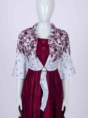 Women Maroon floral overcoat long top/ midi dress