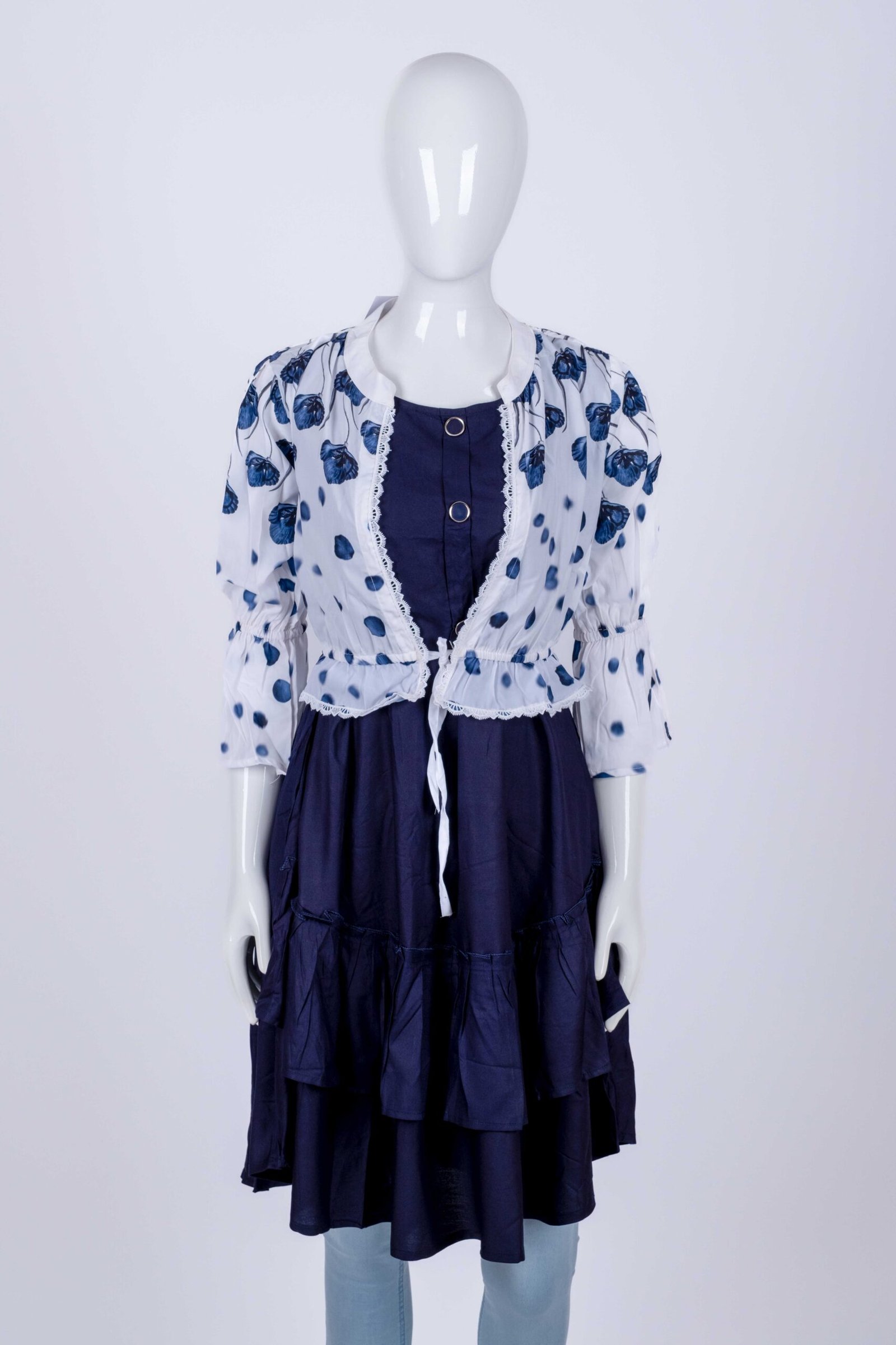 Women Navy Blue floral overcoat long top/ midi dress