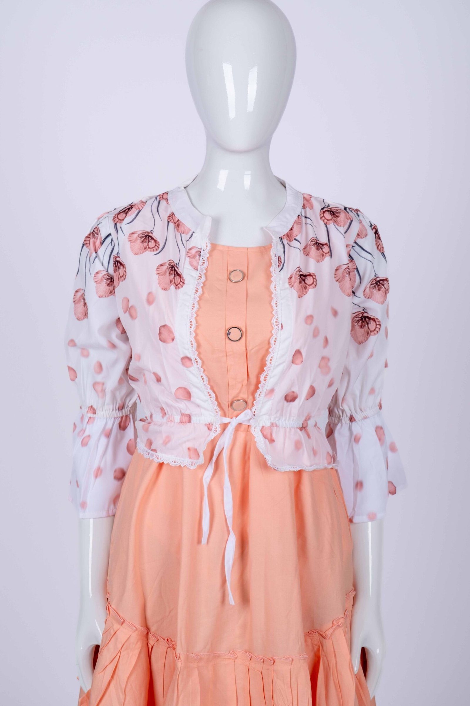 Women Peach floral overcoat long top/ midi dress