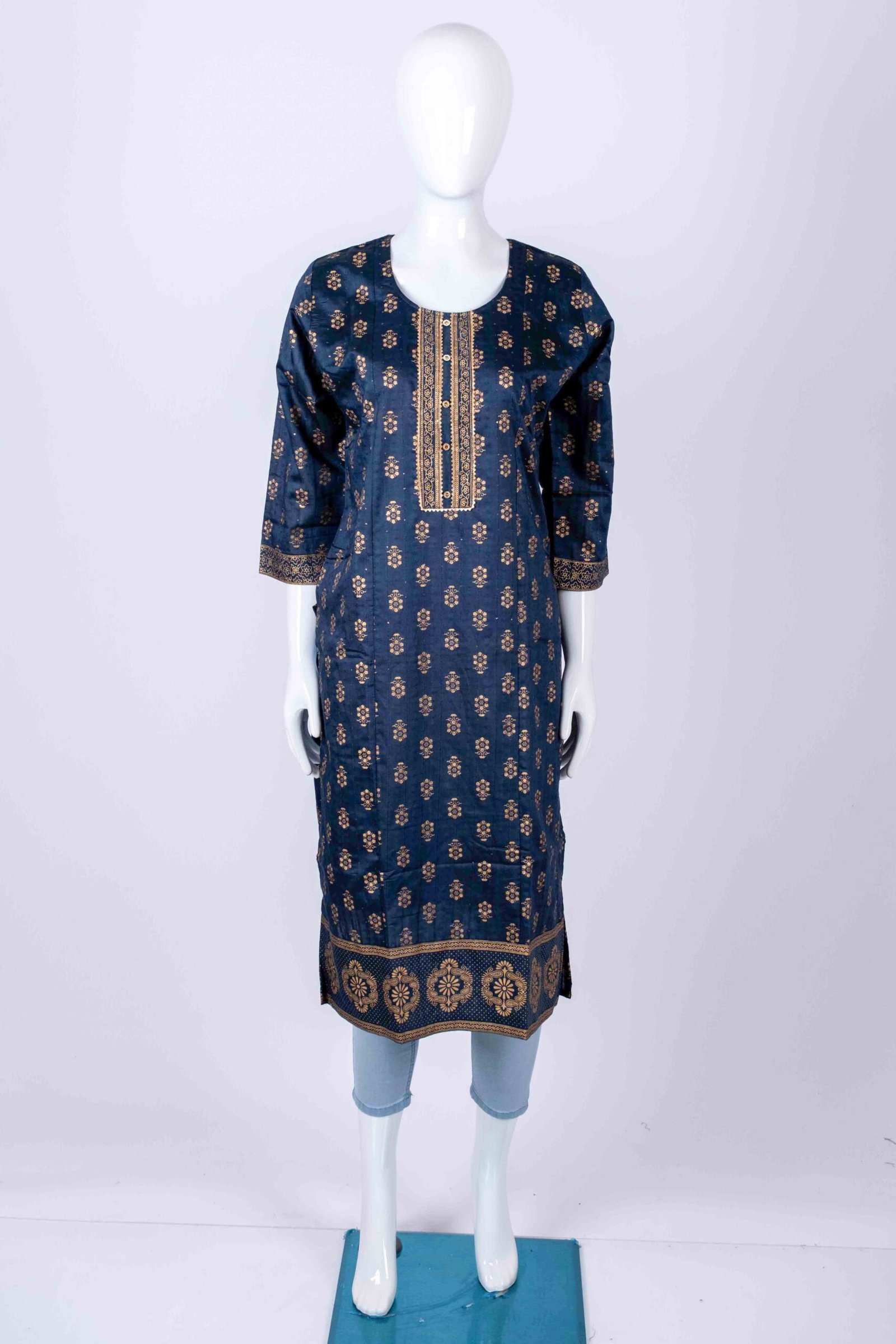 Women's Blue solid kurta top with gold floral prints