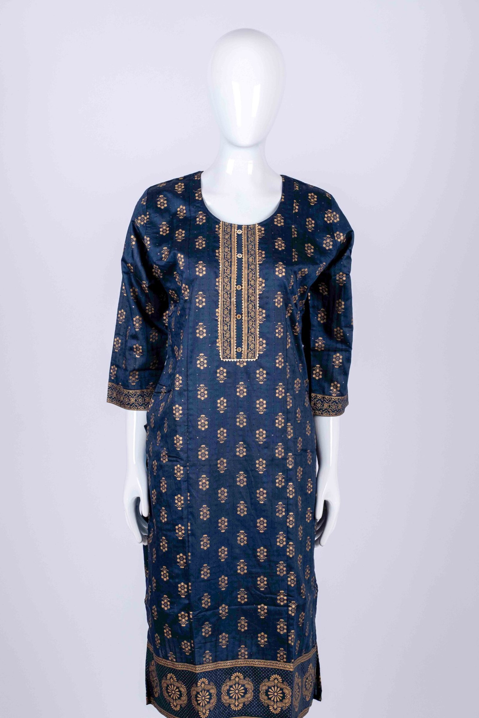 Women's Blue solid kurta top with gold floral prints