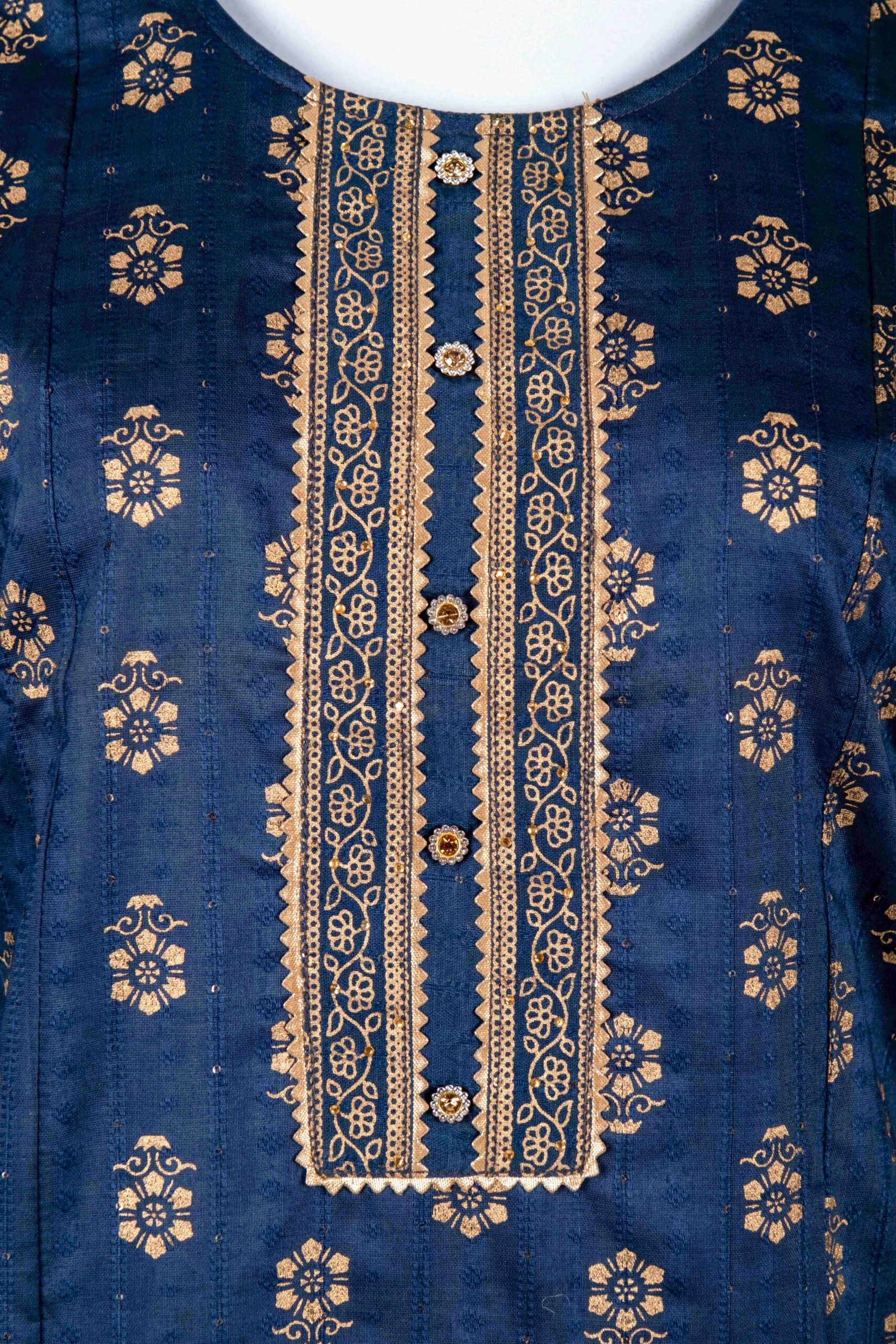 Women's Blue solid kurta top with gold floral prints