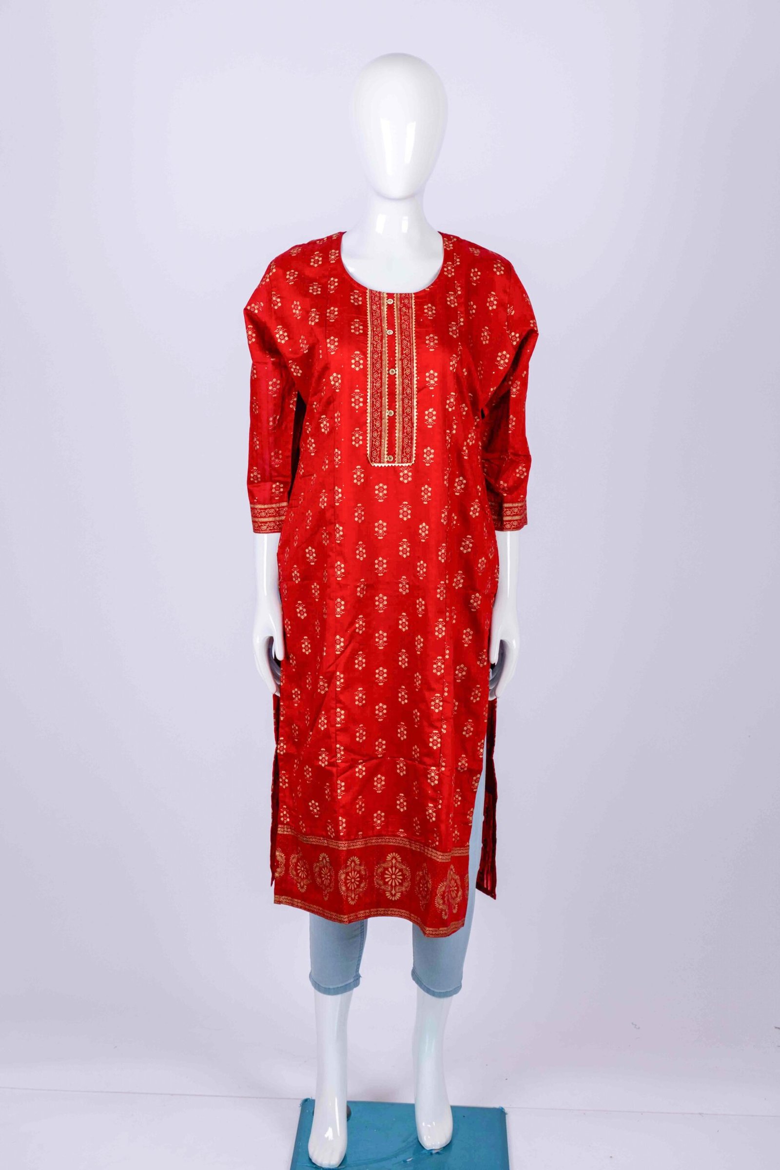 Women's Red solid kurta top with gold floral prints