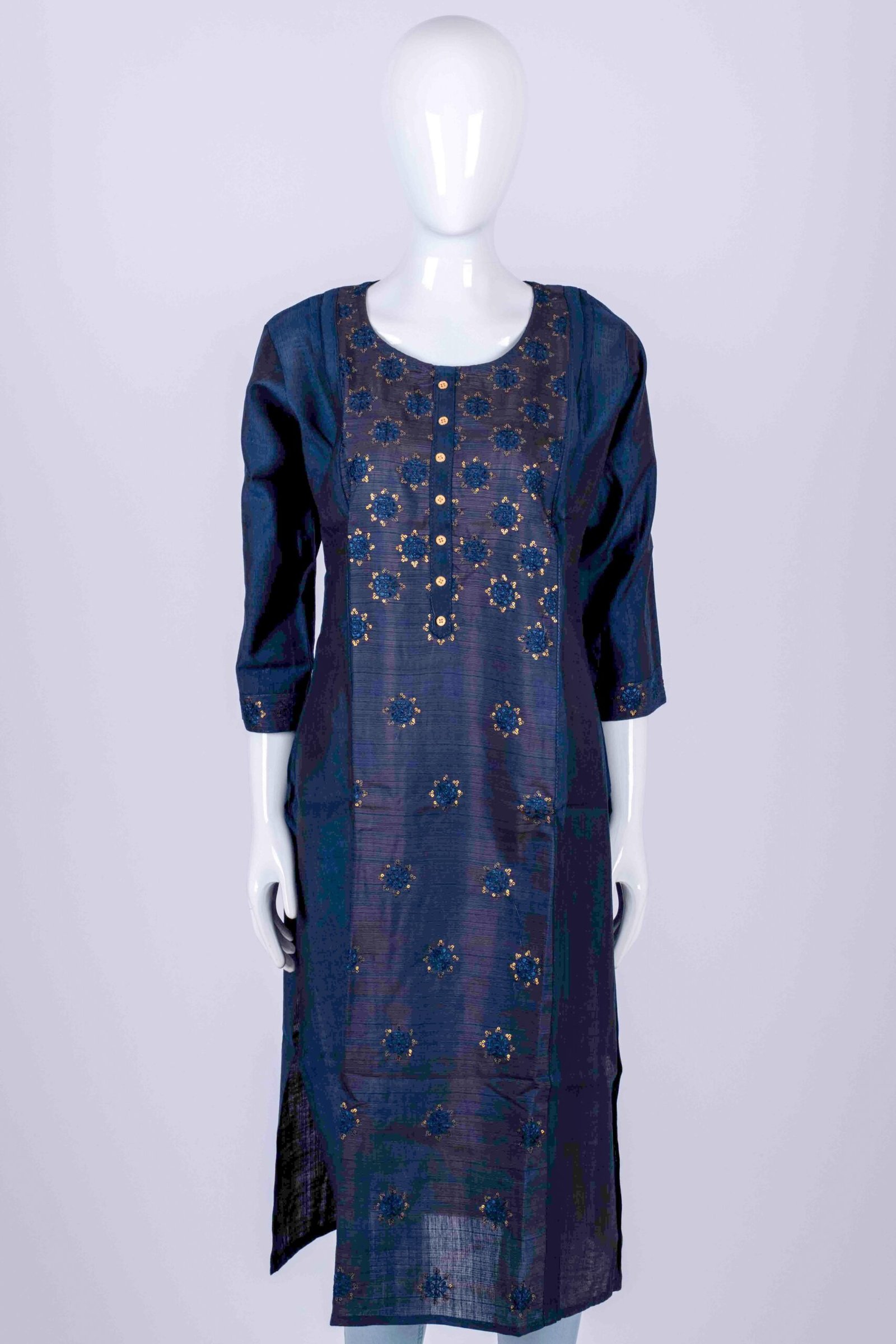 Women's Blue solid kurta top with gold floral chamki embroidery