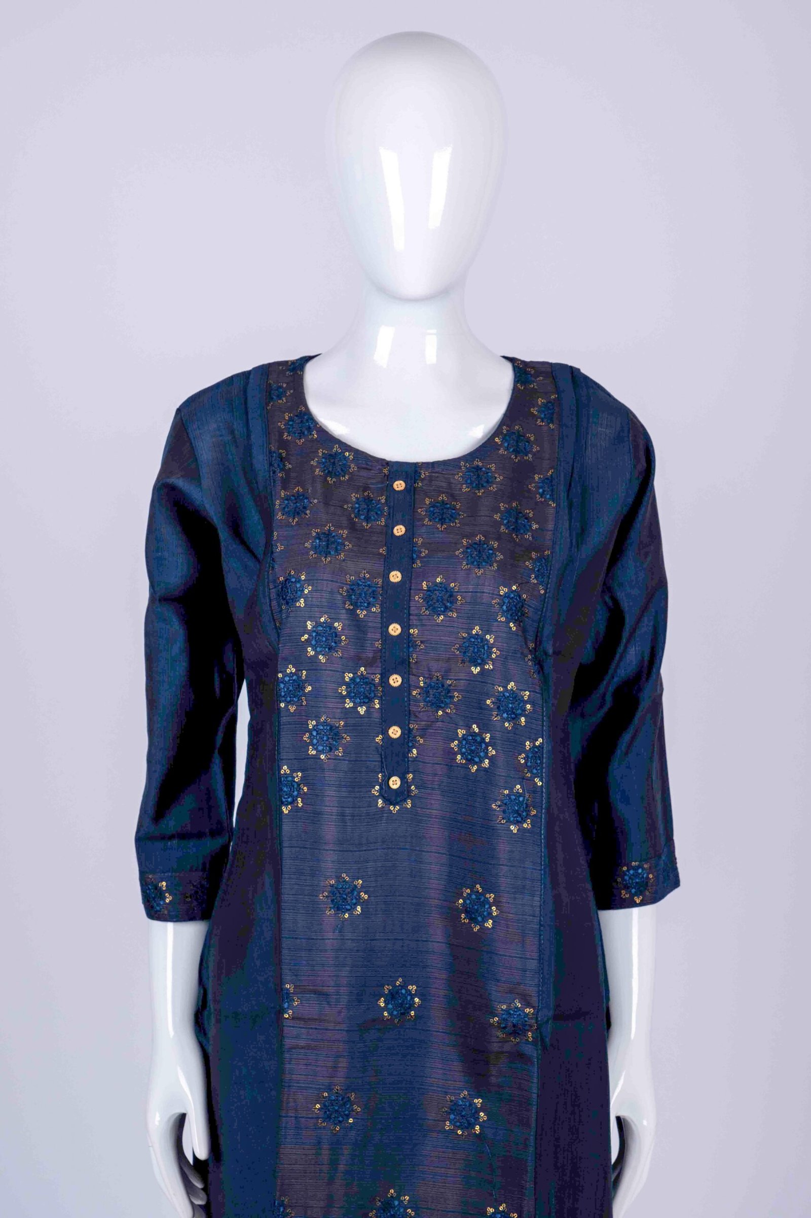 Women's Blue solid kurta top with gold floral chamki embroidery