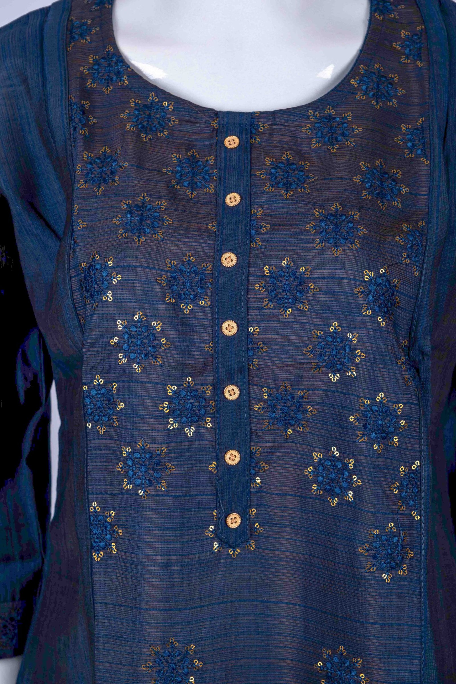 Women's Blue solid kurta top with gold floral chamki embroidery