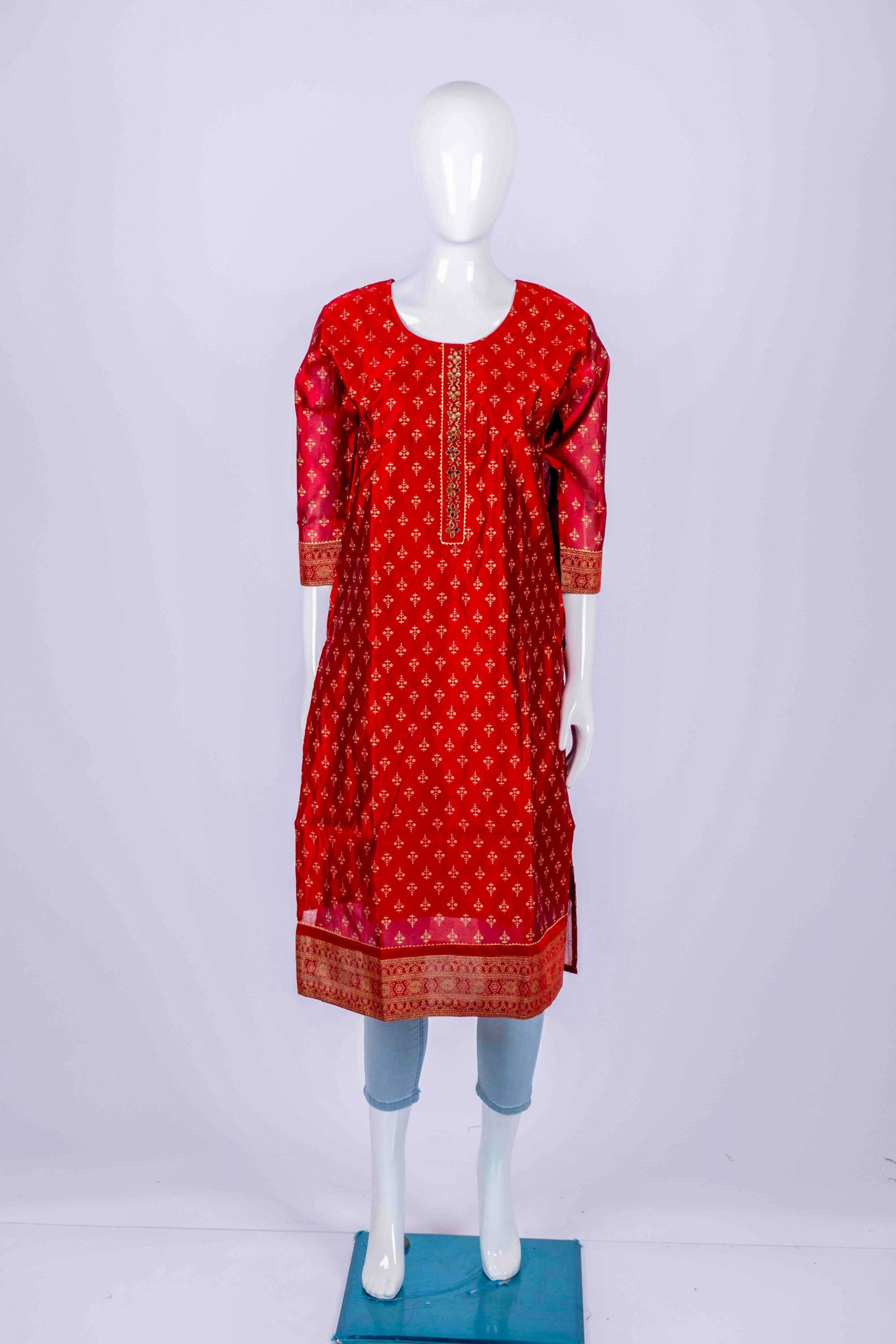 Women's Red ethnic printed kurta top with mirror and bead embroidery