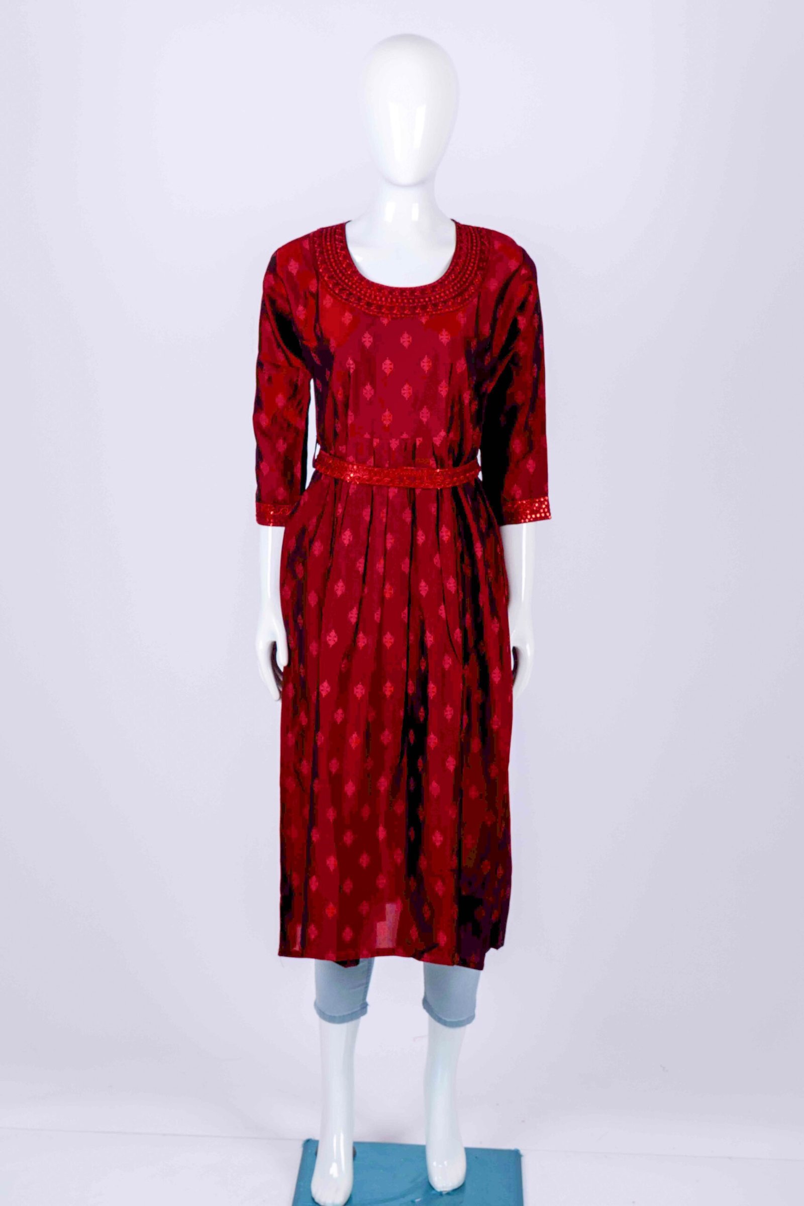 Women's Red solid ethnic printed kurta top with chamki embroidery