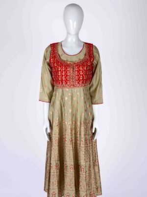 Women's Olive Green ethnic printed kurta top with red overcoat