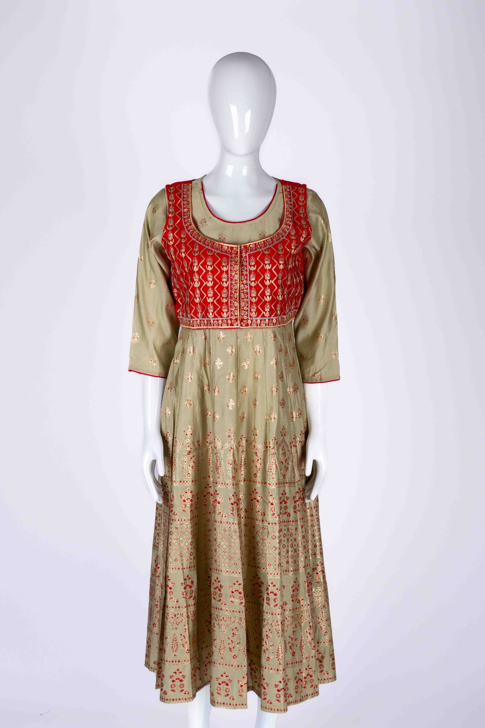 Women's Olive Green ethnic printed kurta top with red overcoat