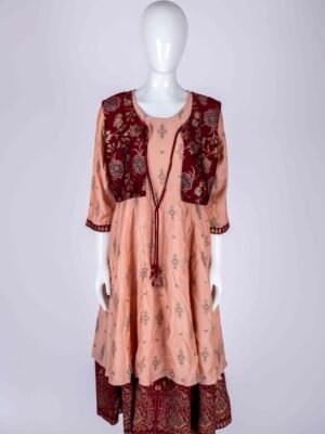 Women's Peach ethnic printed kurta top with red overcoat