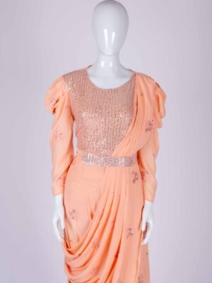 Women's Peach embroidered sequin drape style gown