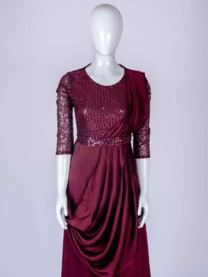 Women's Maroon embroidered sequin drape style gown