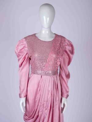 Women's Pink embroidered sequin drape style gown