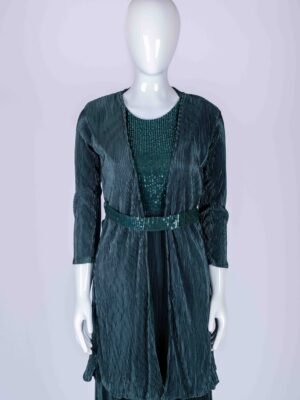 Women's Green sequin gown with an overcoat and a belt