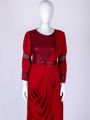 Women's Maroon netted ruffle sequin drape style gown