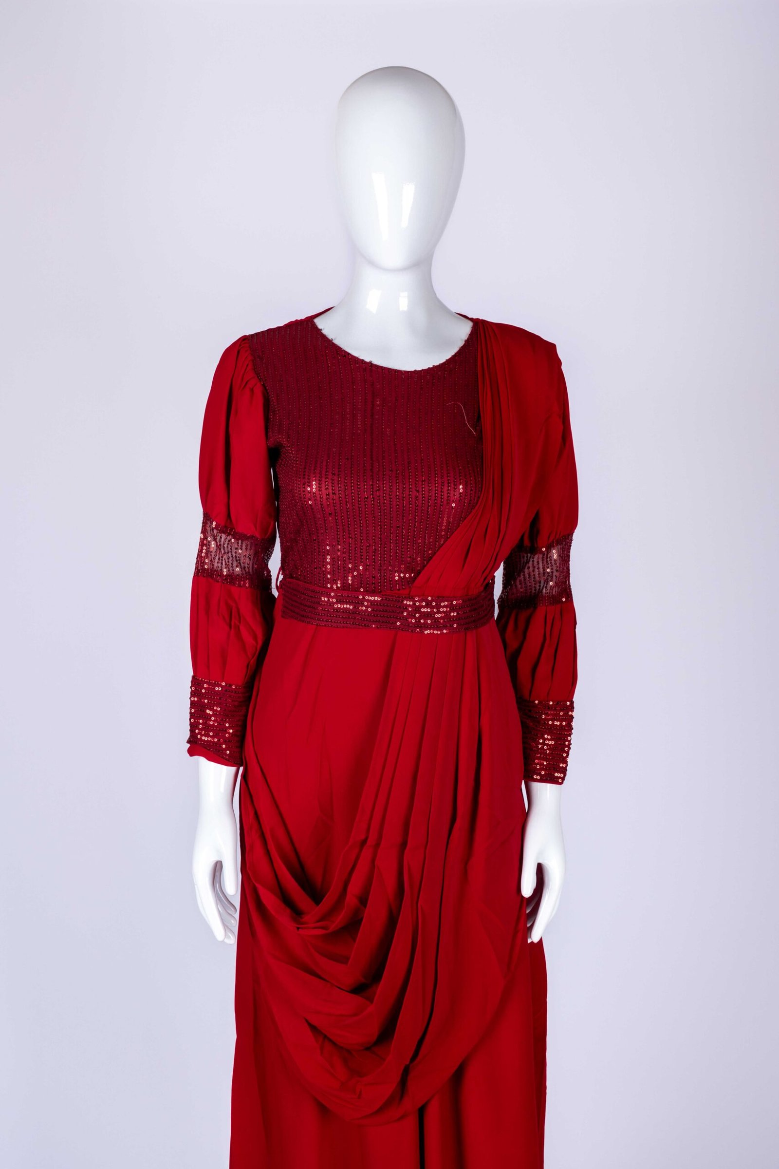 Women's Maroon netted ruffle sequin drape style gown