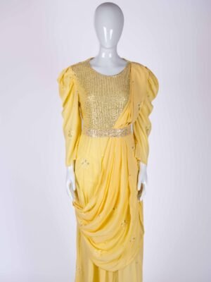 Women's Yellow embroidered sequin drape style gown