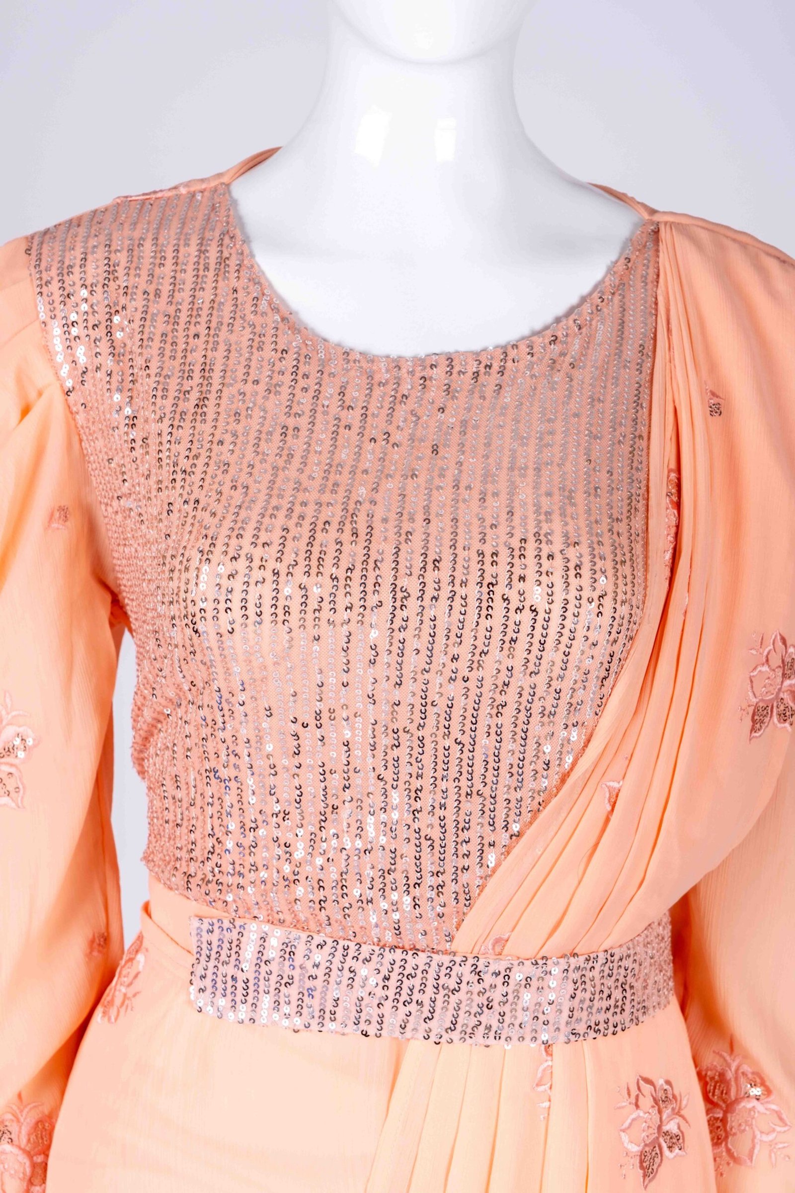 Women's Peach embroidered sequin drape style gown