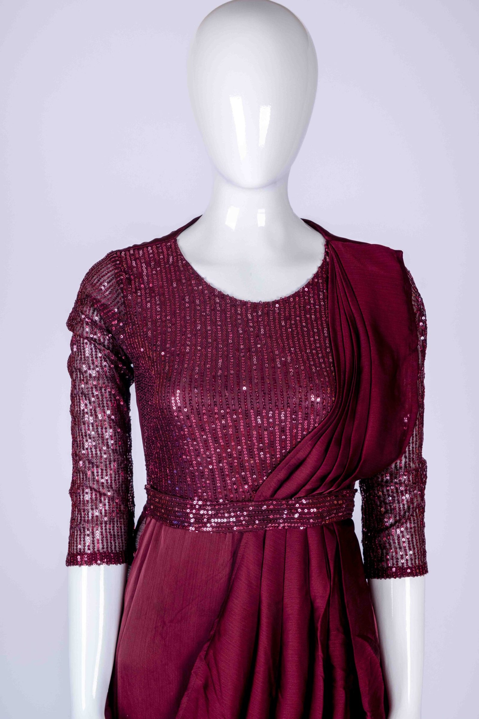 Women's Maroon embroidered sequin drape style gown