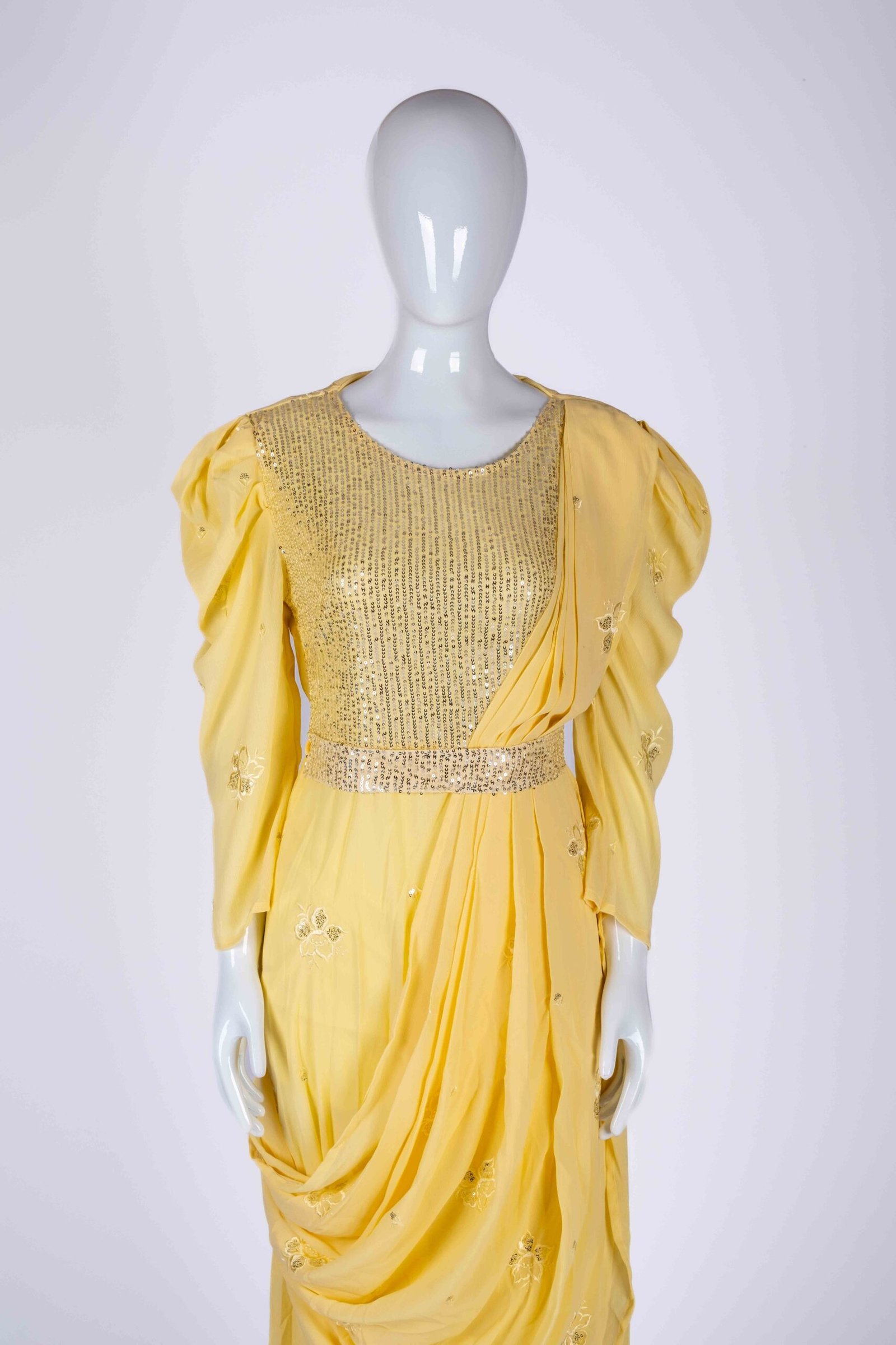 Women's Yellow embroidered sequin drape style gown