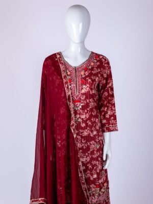 Women's Maroon floral printed kurta sharara set