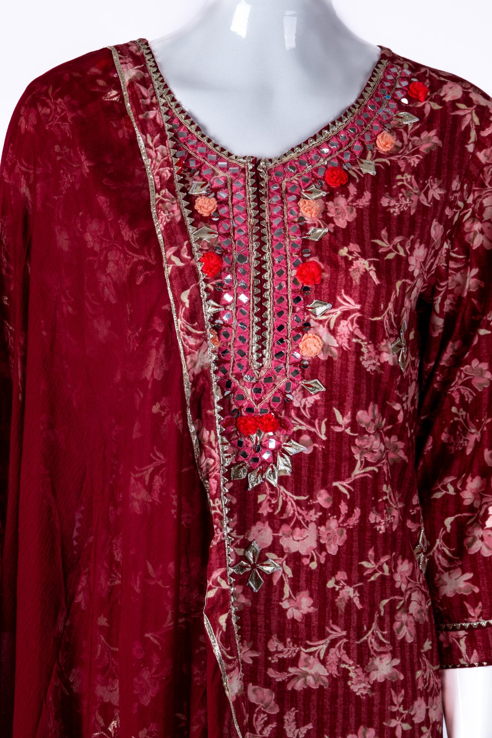 Women's Maroon floral printed kurta sharara set