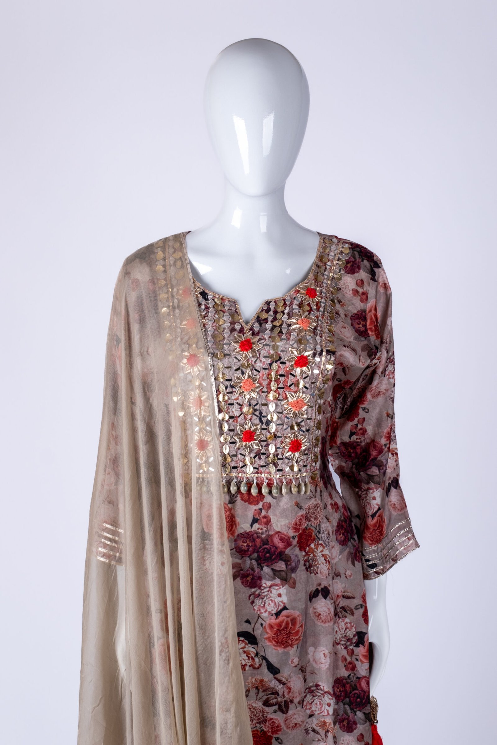 Women's Grey floral printed kurta sharara set