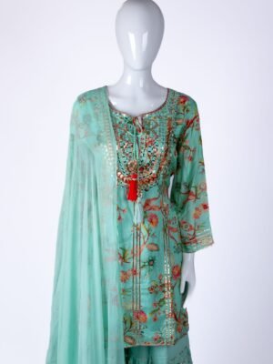 Women's Green floral printed kurta sharara set