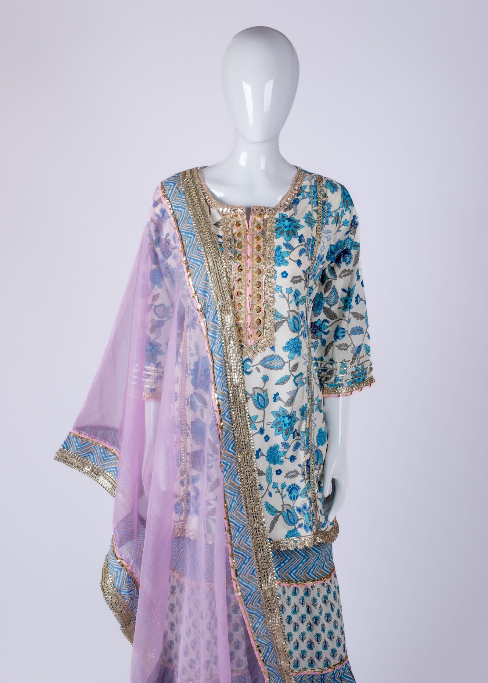 Women's Blue floral print kurta sharara set