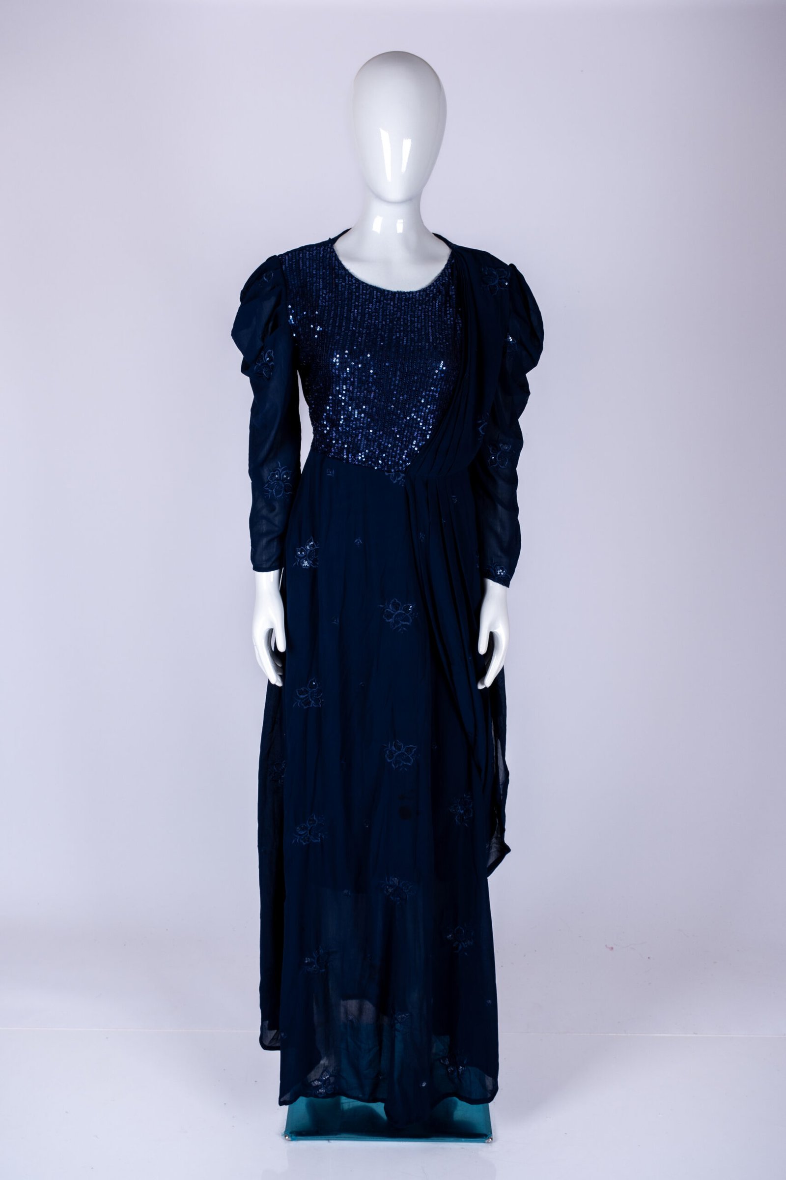 Women's Navy blue embroidered sequin asymmetrical gown