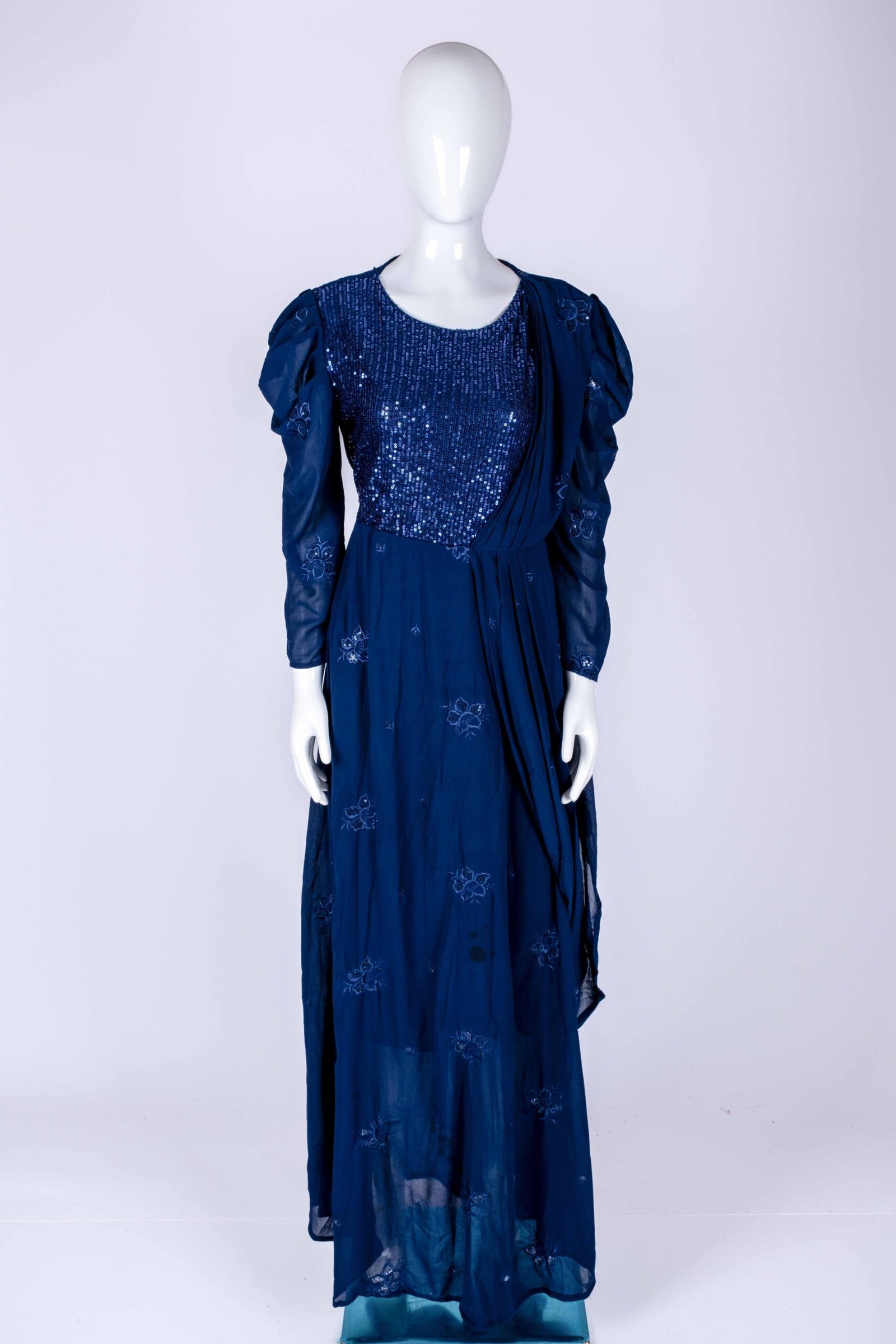 Women's Blue embroidered sequin drape style gown