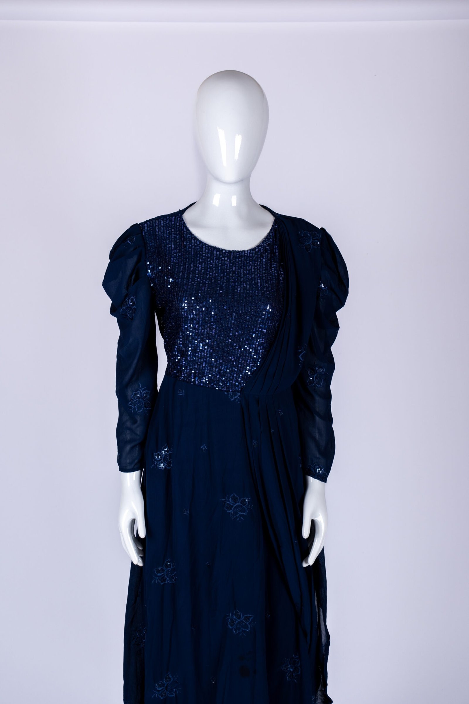 Women's Navy blue embroidered sequin asymmetrical gown