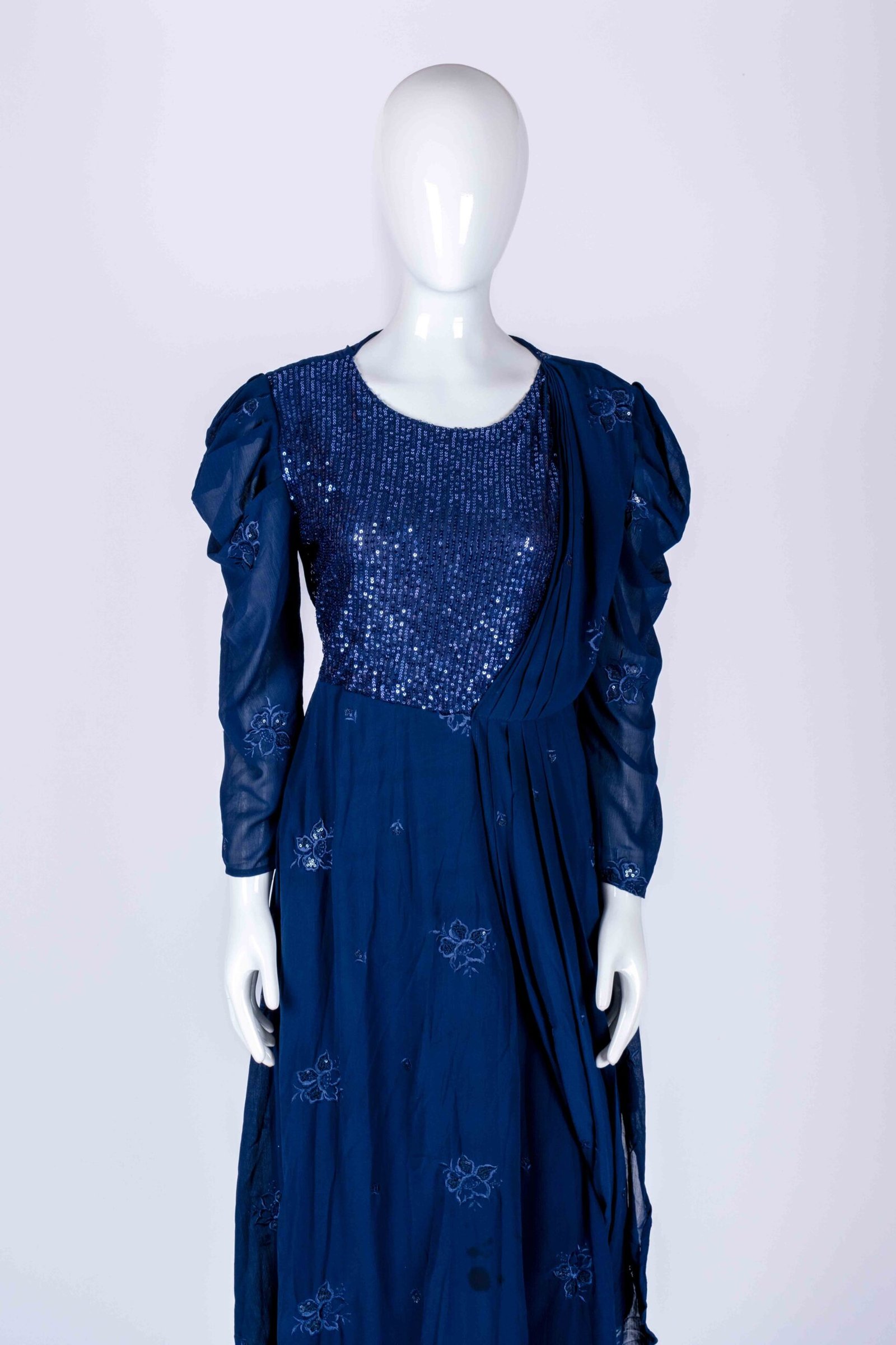 Women's Blue embroidered sequin drape style gown