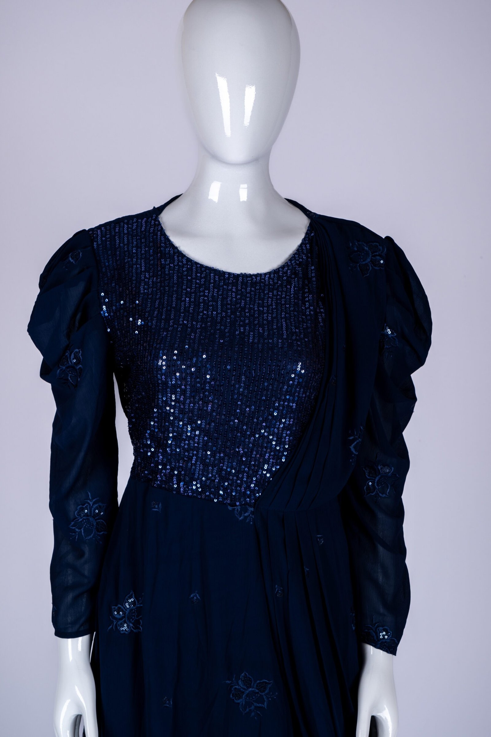 Women's Navy blue embroidered sequin asymmetrical gown