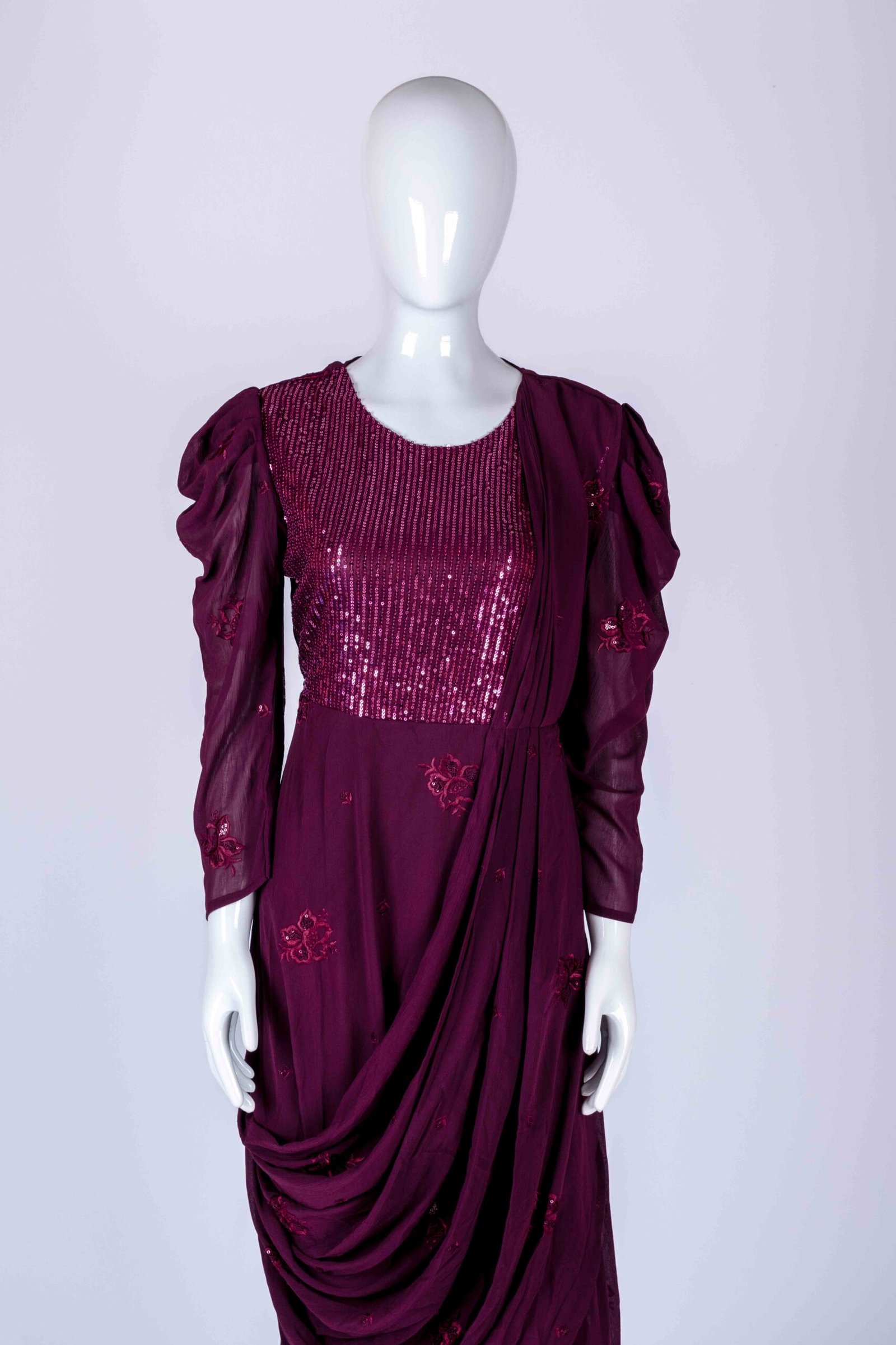 Women's Purple embroidered sequin drape style gown