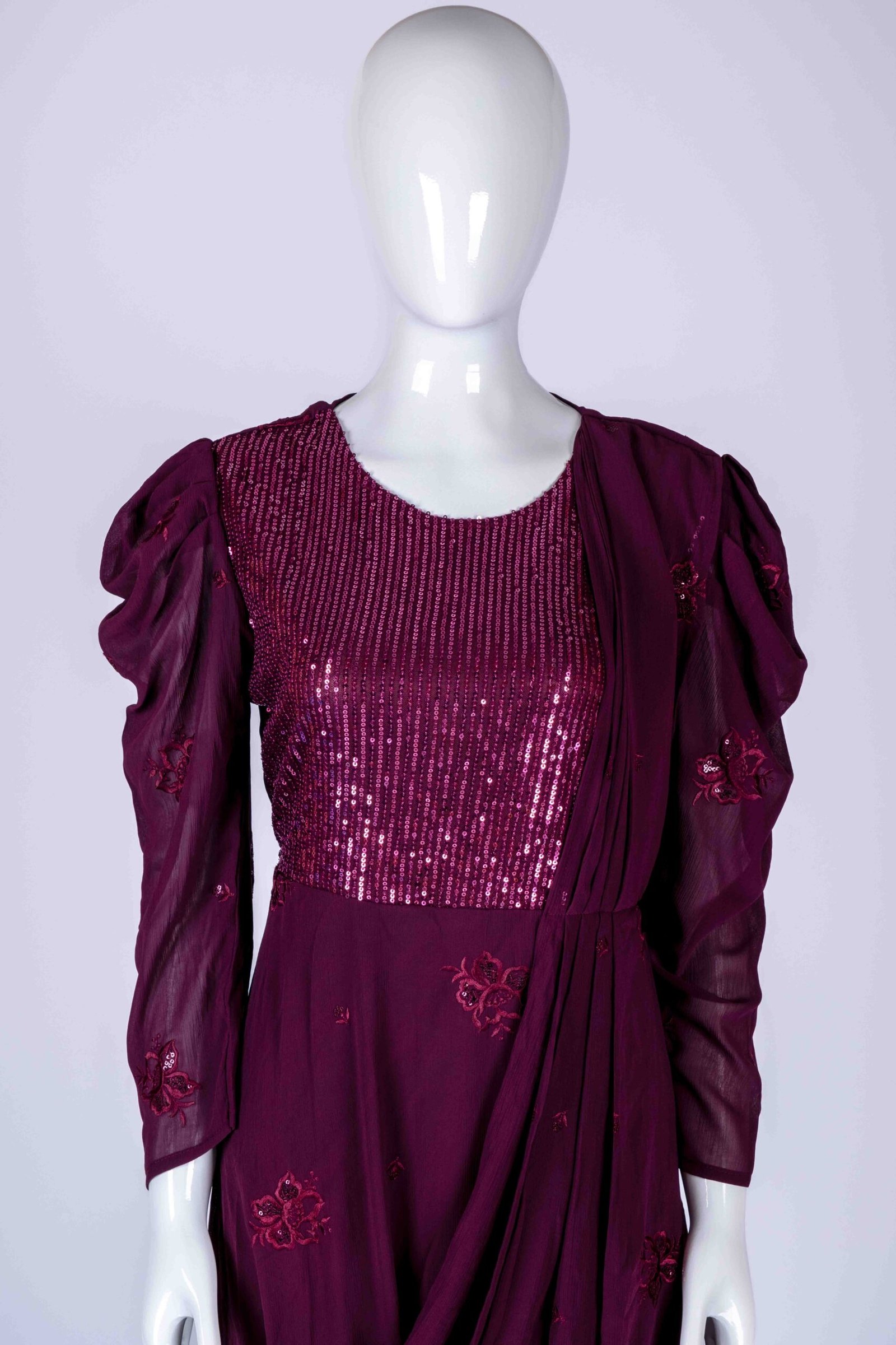 Women's Purple embroidered sequin drape style gown