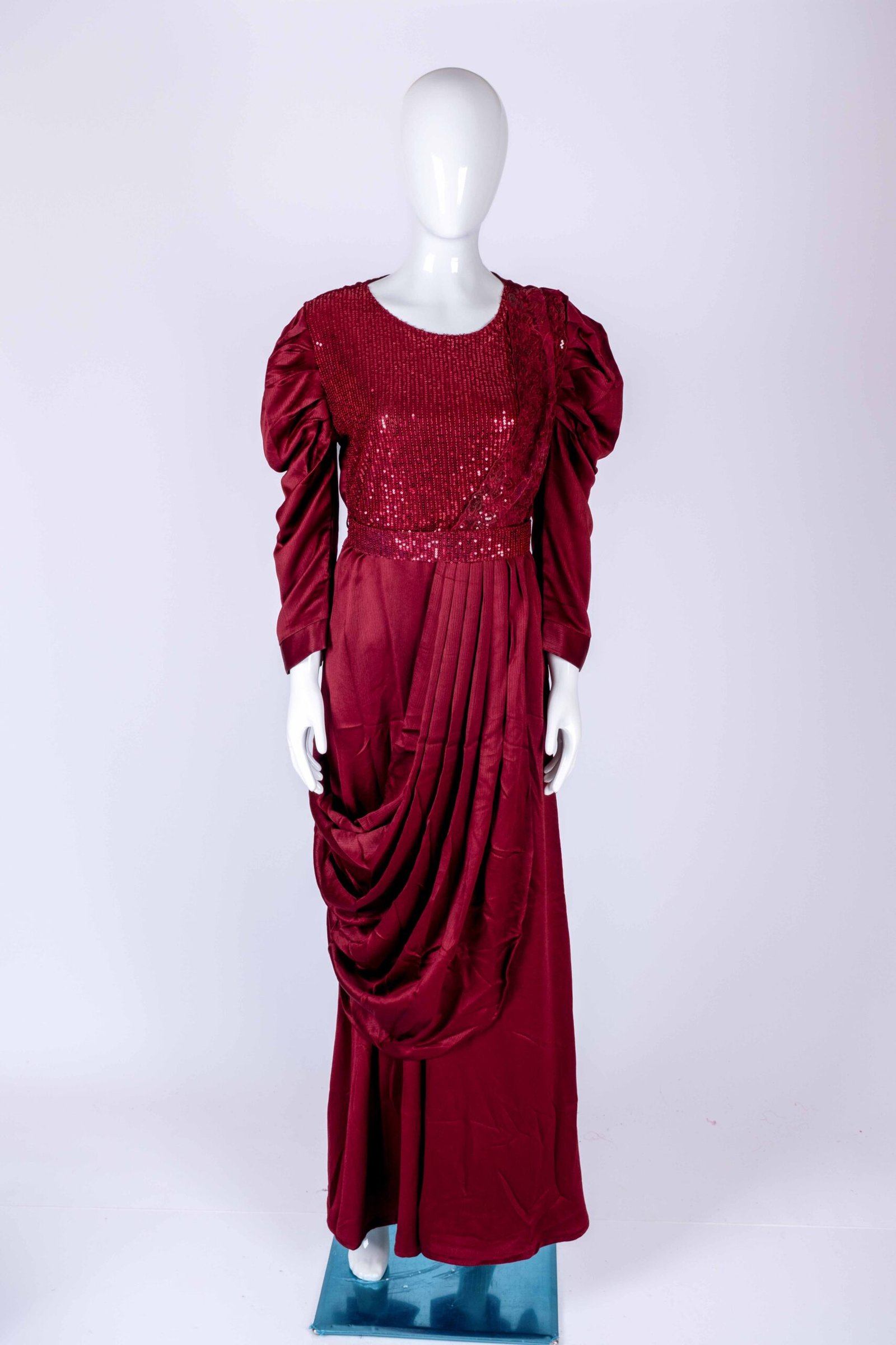 Women's Maroon embroidered sequin drape style gown