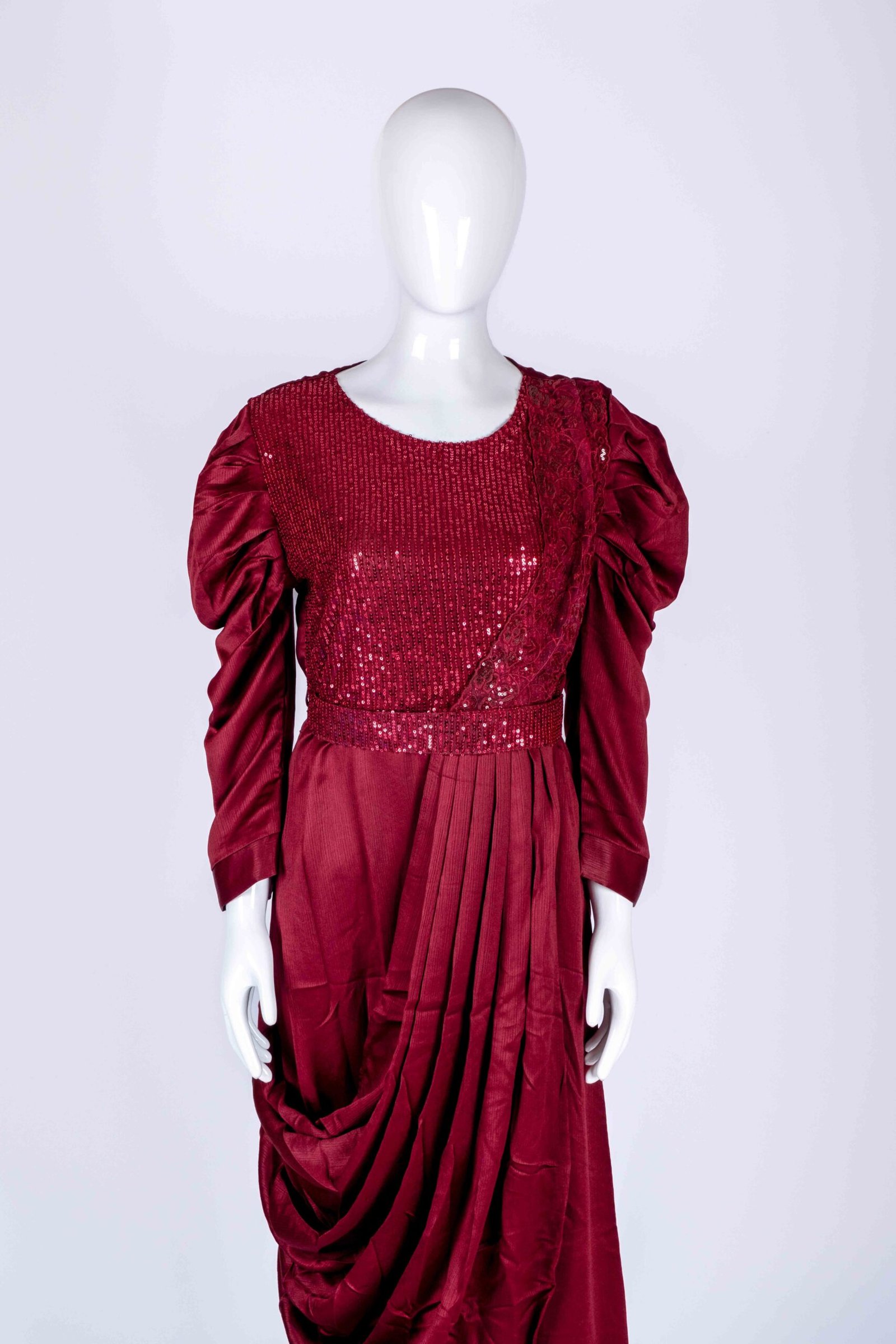 Women's Maroon embroidered sequin drape style gown